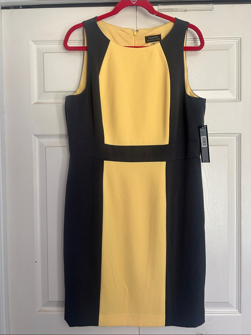 Tahari Yellow and Black Color-Block Midi Sheath Dress